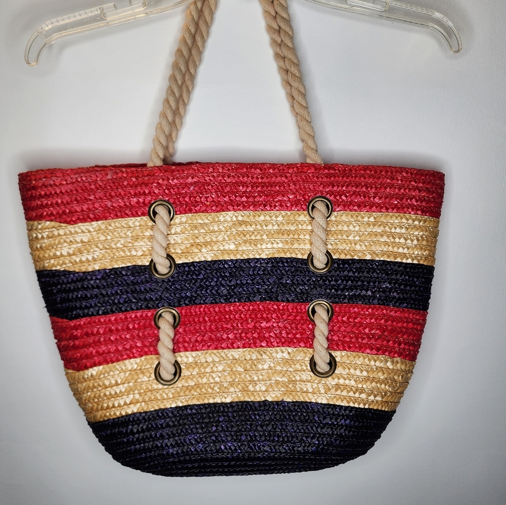 Large Tote Bag Wheat Straw Red and Blue with Rope Handles Shopping Tote